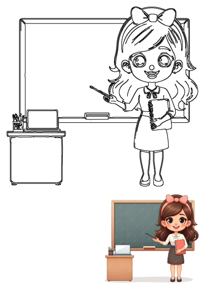 Cartoon image of a girl standing in front of a blackboard, holding a book and pointing to the blackboard with a pointer, next to a desk.