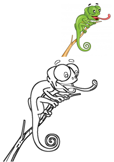 Cartoon green chameleon sitting on a tree branch with its tongue hanging out. Cute animal character illustration.