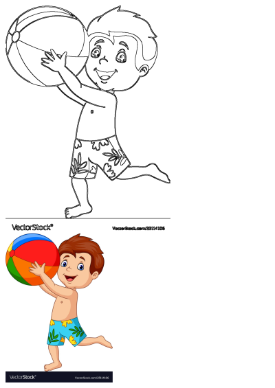 Cartoon illustration of a boy playing with a colorful beach ball on a white background. He's wearing blue floral swim trunks, ready for summer fun!