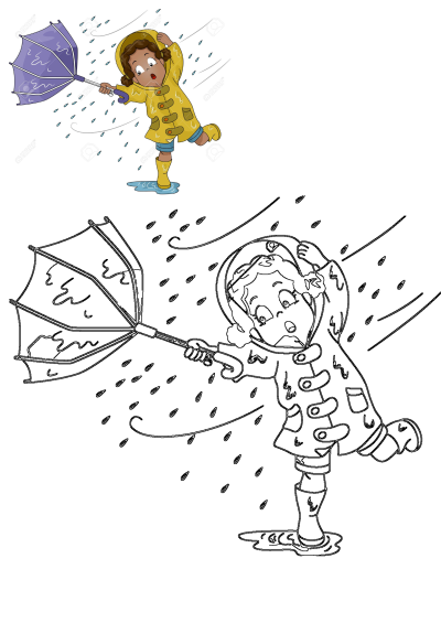 Cartoon of a girl in a yellow raincoat and boots, battling a strong wind while holding onto a purple umbrella in the rain. 