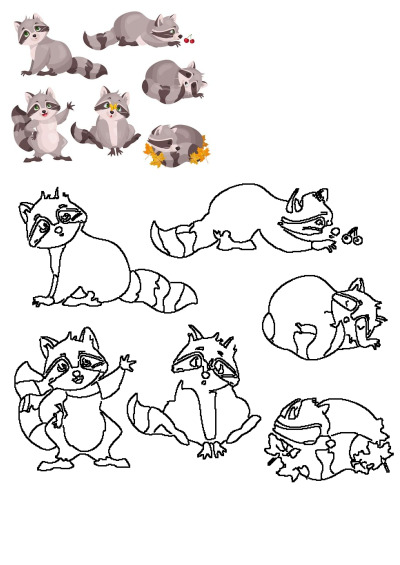 A set of cute raccoons with different poses, in a vector illustration. These cartoon animals are playful and expressive.