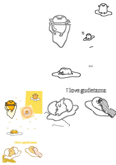 Image of eggs and hams featuring Gudetama with the caption "I love Gudetama". Illustration of the lazy egg character with bacon strips.