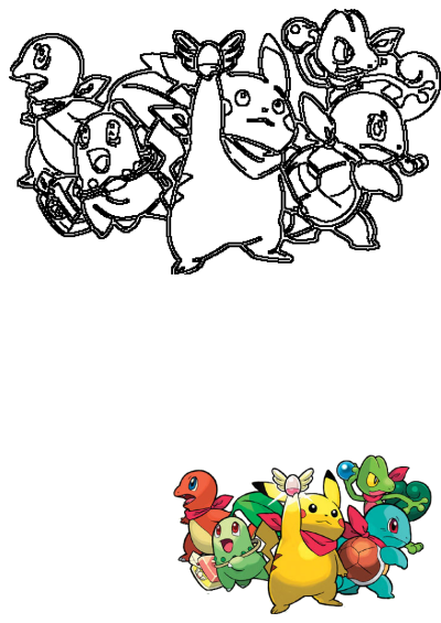 Several Pokemon characters are featured: Pikachu, Charmander, Squirtle, Treecko, Chikorita, all wearing red bandanas. An egg hovers above Pikachu.