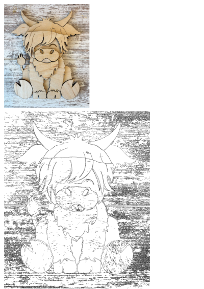 Highland Cow Interchangeable DIY Kit. Wooden craft with a Highland cow design. Wood yard art project for 2025 crafting fun.