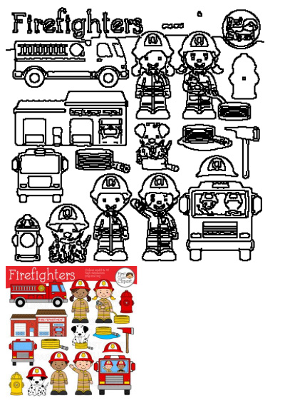 Firefighter cliparts featuring dogs and fire trucks. Includes illustrations of firefighters, fire hydrants, fire stations, and Dalmatian dogs.