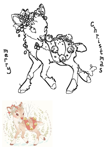 Outline illustration of an adorable Christmas fawn wearing a festive bow, floral wreath, and a jingle bell harness, with "merry christmas" text.