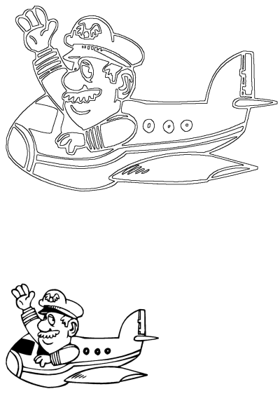 Black and white cartoon illustration of a cheerful pilot waving from the cockpit of his airplane. Outline drawing of a happy aviator.