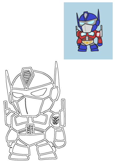 Cute cartoon illustration of Optimus Prime, the iconic Transformers character in a charming chibi style. Red and blue robot for fans.