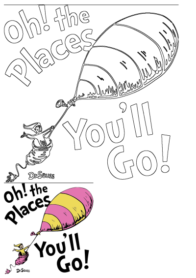 Dr. Seuss poster featuring the book title 'Oh, the Places You'll Go!' Illustration of a person riding a pink and yellow hot air balloon. Encouraging poster.