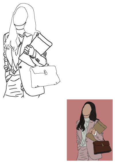 Vector art of a faceless woman in a pink suit, holding a brown briefcase and a document folder on a pink background.