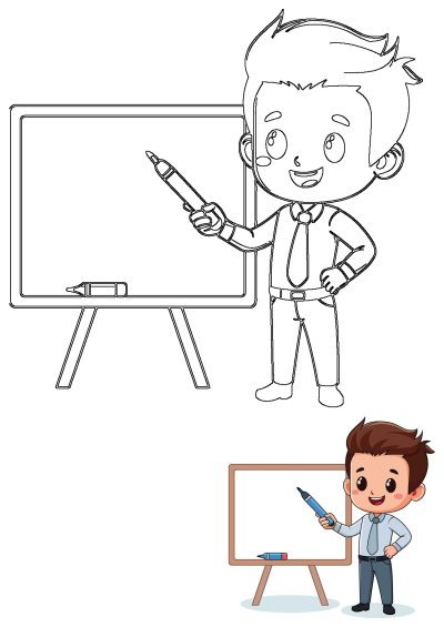 A cartoon man is writing on a whiteboard, cartoon style illustration, ideal for education or presentation materials.