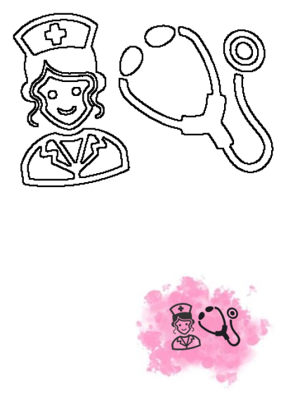 A cartoon of a nurse and a stethoscope over a pink cloud. Stethoscope and doctor's hat on top of a pink cloud in a cartoon style.