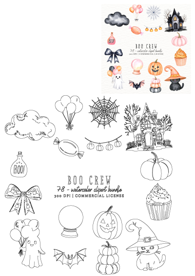 Watercolor Halloween clipart set featuring pumpkins, bats, ghost, witch cat, and a haunted house. Boo's crew Halloween theme.