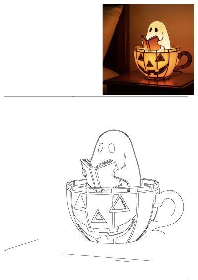 A charming Halloween lamp shaped like a cup with a carved pumpkin face. Inside, a cute ghost reads a book, offering a warm, spooky glow.