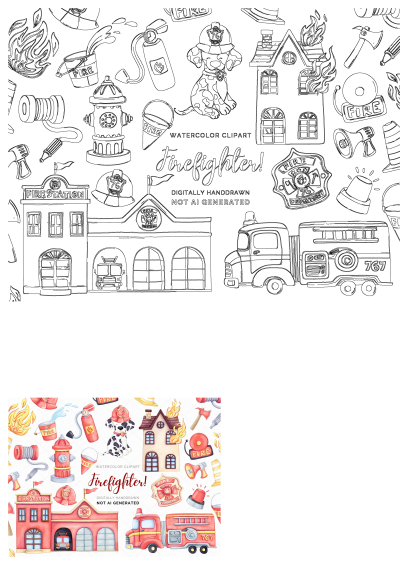 Watercolor clipart featuring firefighter elements: fire truck, fire station, Dalmatian, fire hydrant and more. Ideal for firefighter theme projects.