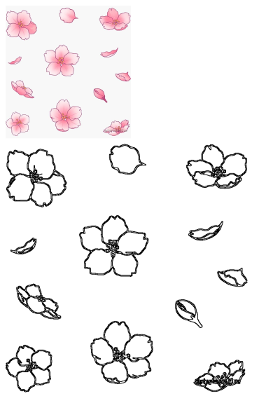 Illustration featuring a delicate pattern of pink cherry blossoms and petals scattered on a white background for a soft, floral design.