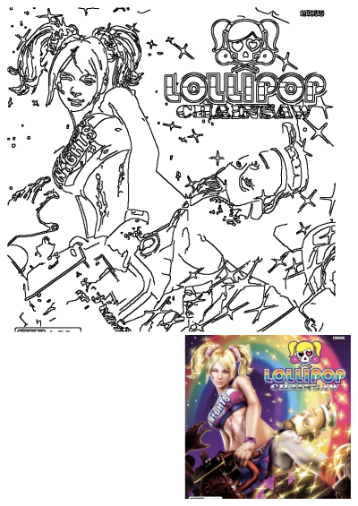 Lollipop Chainsaw game cover art. A blonde zombie hunter winks, clutching a chainsaw. She has a head on the cover, and a zombie below.