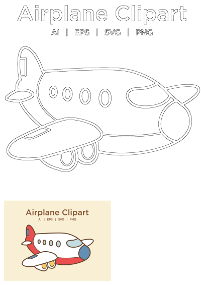 Cartoon airplane clipart with a playful design. Features a red and white airplane with visible windows and engines. Perfect for design projects.