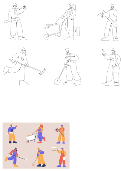 Illustration of diverse construction workers with shovels, drills, paint rollers, and wheelbarrows, each performing different tasks. Building trades theme.