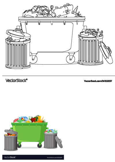A green garbage can with two trash cans next to it, all filled with trash. Cartoon illustration of waste management and recycling.