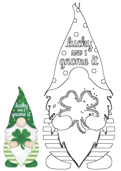 Lucky and I gnome it! Green and white gnome ornament hanging from a string featuring St. Patrick's Day themed design.