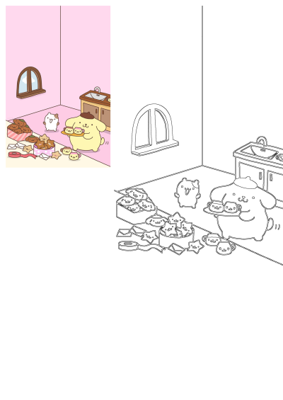 An illustration featuring Pompompurin and other animals eating pudding in a room with pink walls and cute anime art style. 