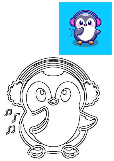 Cute cartoon penguin wearing pink headphones and listening to music. Fun illustration of a penguin with music notes, perfect for music lovers.