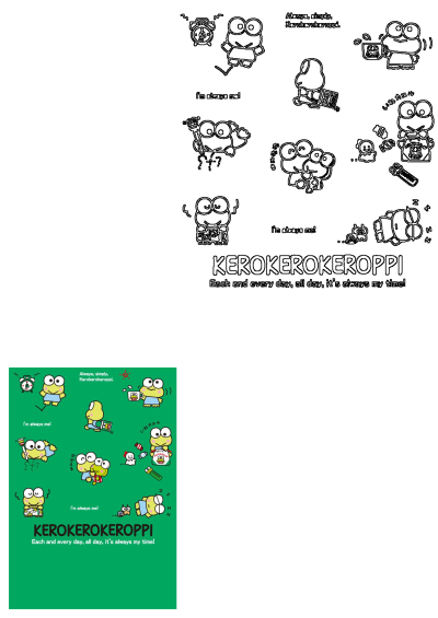 Kerokerokeroppi character poster illustration design featuring the frog in different poses. alt: the simpsons character poster for kerokokeko koppi, which has been drawn by