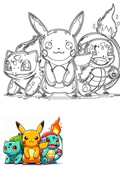 Cute Pokemon characters Bulbasaur, Pikachu, and Charmander with fire in the background. Adorable and vibrant depiction of popular Pokemon.