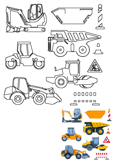 Construction vehicles and road signs arranged on a white background. Includes an excavator, dump truck, road roller, and various safety signs. 