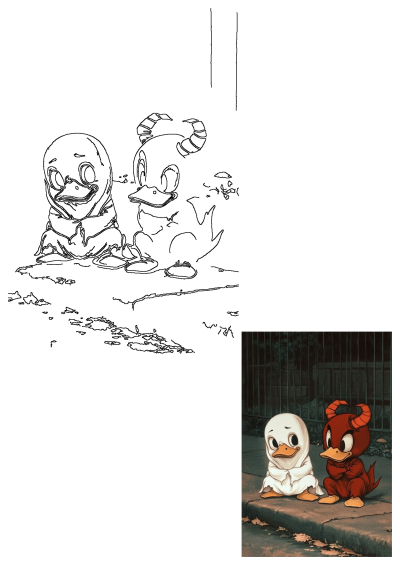 two cartoon characters sitting on the sidewalk next to each other, one is dressed as a devil