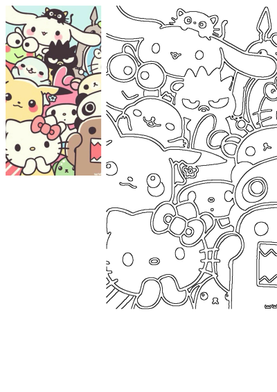 Collage of cartoon animals in similar size and color, showcasing characters in black, white, pink, blue, and green hues. Sanrio and kawaii aesthetics.