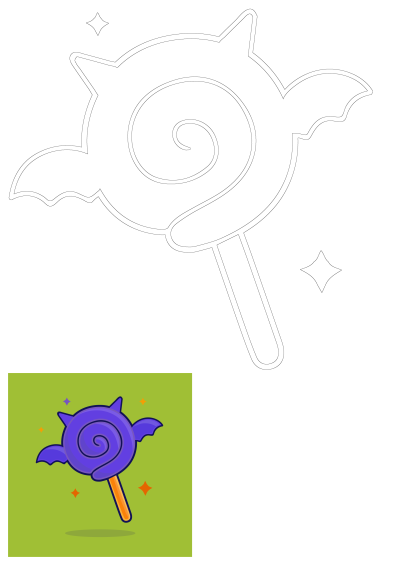 A fun, cartoon-style image of a purple lollipop shaped like a bat, set against a green background. Perfect for Halloween treats and sweets.