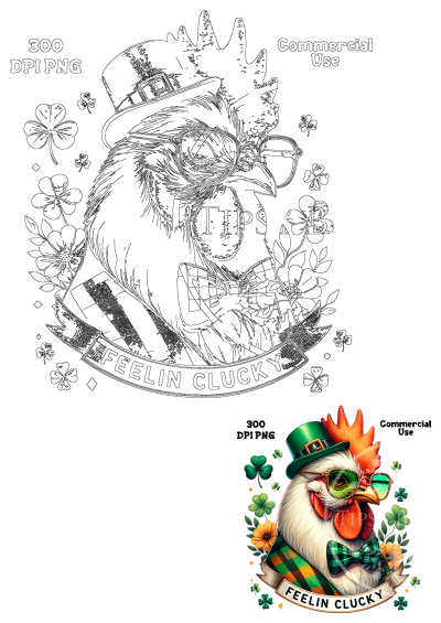 Funny St. Patrick's Day design featuring a chicken with a leprechaun hat, sunglasses, and bow tie. Feeling Clucky chicken clipart for shirts.