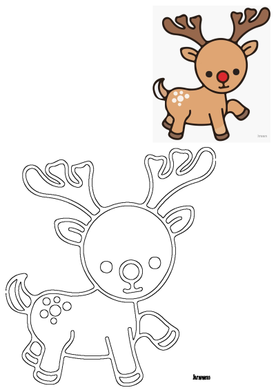 A cute cartoon Christmas reindeer with a red nose and brown antlers alongside its black and white outline illustration.