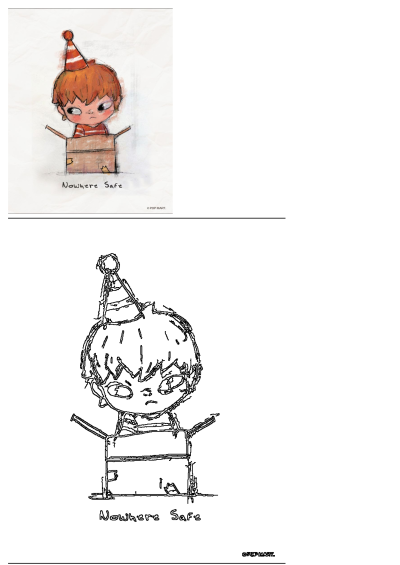 Illustration of an angsty boy with red hair wearing a party hat, sitting in a cardboard box that says 'Nowhere Safe' by Pop Mart.