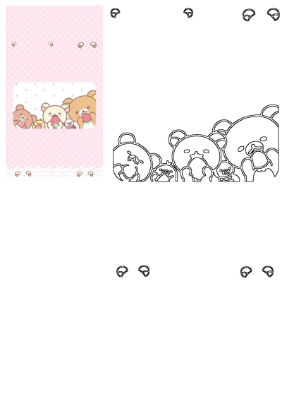 Two teddy bears, chickens and chicks eating strawberries against a pink polka dot background. Whimsical illustration with kawaii style design.