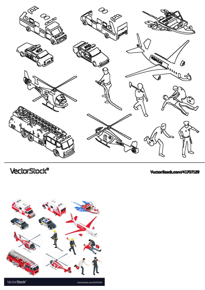 Emergency vehicles & people in flat 3D style icons set on white background. Includes ambulance, police car, firetruck, helicopter, boat, airplane, and personnel.