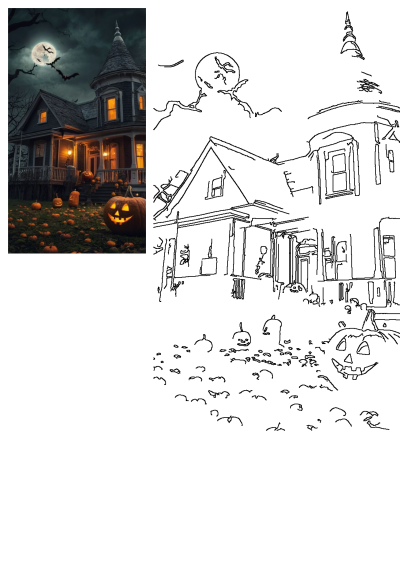 a halloween house with pumpkins on the lawn