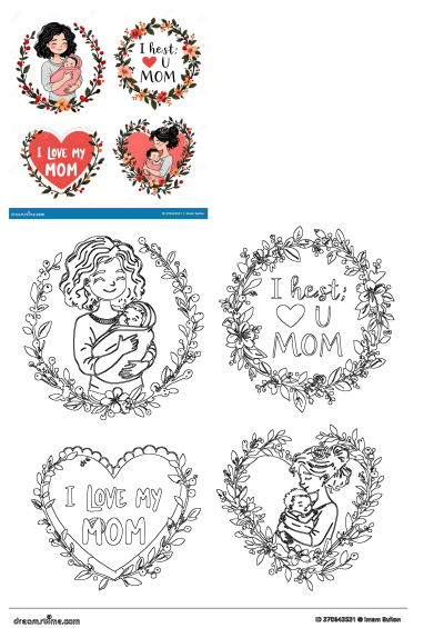Mother's Day stickers with flowers and hearts, featuring heartwarming designs, mom and child illustrations, and loving messages.