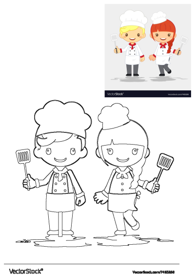 Cartoon illustration of two smiling chefs, a boy and a girl, holding spatulas in their hands. Ready to cook and bake.