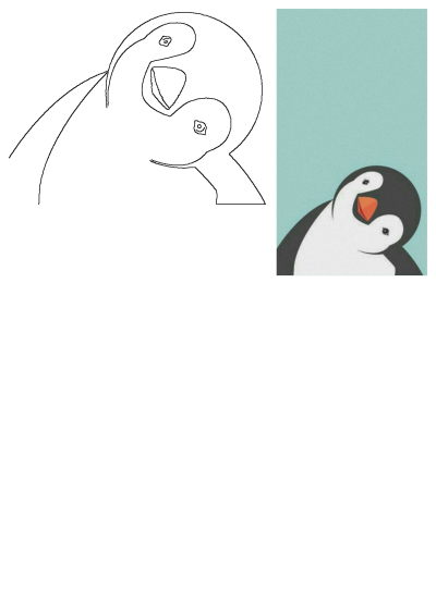 Adorable illustration of a black and white penguin with a distinctive orange beak against a light blue background. Cute and minimalist penguin design.