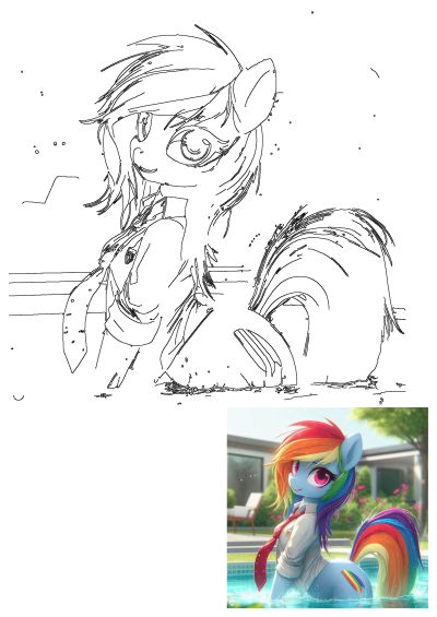 A charming image of a rainbow-maned pony, seemingly Rainbow Dash, standing in a clear blue swimming pool, wearing a red tie and school uniform.