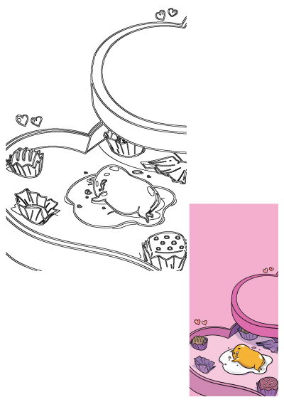 Cartoon style Gudetama the lazy egg slumped in a Valentine's heart chocolate box, surrounded by chocolate candies. Cute image.