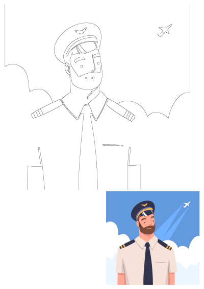 Illustration of a man in uniform with a beard and mustache, wearing a pilot's cap, gazing at the sky where a plane is flying.