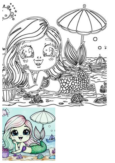 Drawing of a little mermaid with pink and green hair sitting on the beach under an umbrella with sea and boat behind her.