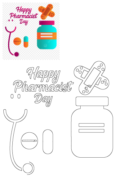 Happy Pharmacist Day graphic with stethoscope, pills, band-aids, and a medicine bottle. Celebrate your pharmacist today!