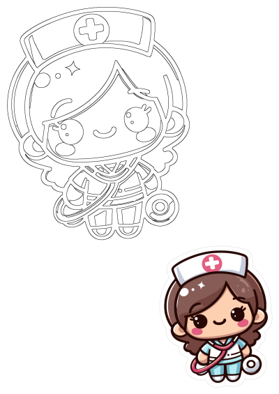 A cute cartoon nurse with brown hair and a nurse's cap, wearing a light blue uniform and holding a stethoscope. Ready to help!