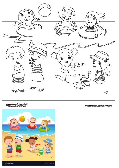 Children playing in the sand at the beach, building sandcastles, swimming and enjoying ice cream in this fun vector illustration.