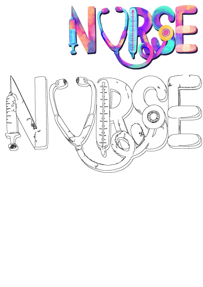 Brightly colored painting of the word 'NURSE' incorporated with medical tools like a syringe, stethoscope, thermometer, and bandages.